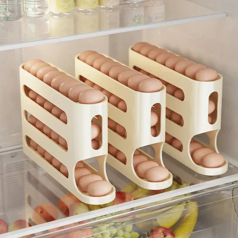 4 Tier Egg Holder for the Refrigerator Automatic Scrolling Egg Rack Holder Large Capacity Multi functional Egg Organizer Storage Box