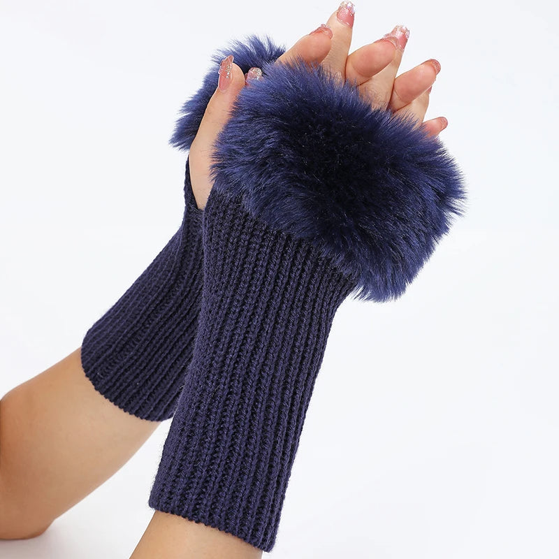 Women Gloves Plush Faux Knitting Wool Keep Warm Fashion Short Mitten Fingerless Girl Half Finger Winter Warm Glove