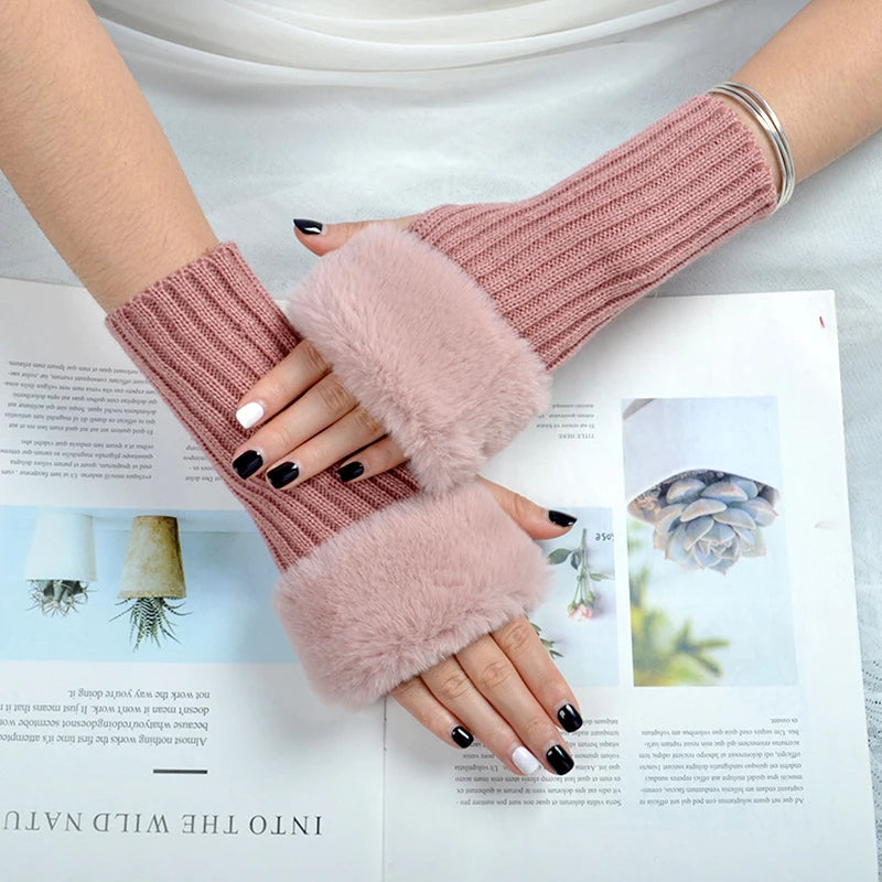 Women Gloves Plush Faux Knitting Wool Keep Warm Fashion Short Mitten Fingerless Girl Half Finger Winter Warm Glove