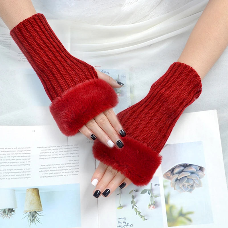 Women Gloves Plush Faux Knitting Wool Keep Warm Fashion Short Mitten Fingerless Girl Half Finger Winter Warm Glove